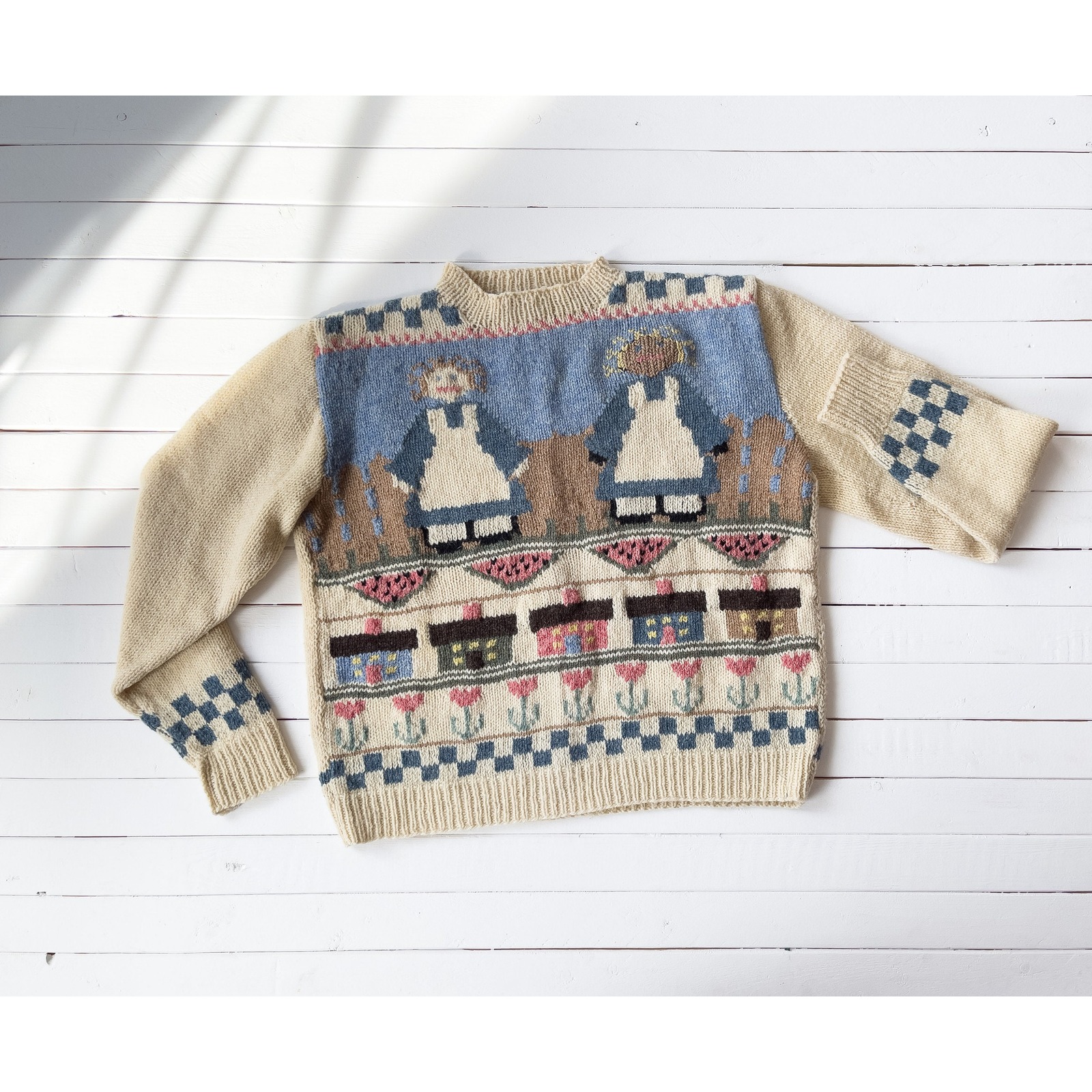 Cottagecore Sweater 80s 90s Vintage Country Farm Rag Doll Cream Wool Sweater